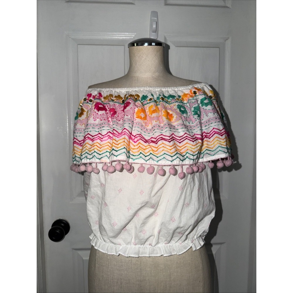 Miss June Paris Zuma Off Shoulder Blouse Sz S Cotton Bohemian Tassels Embroidery